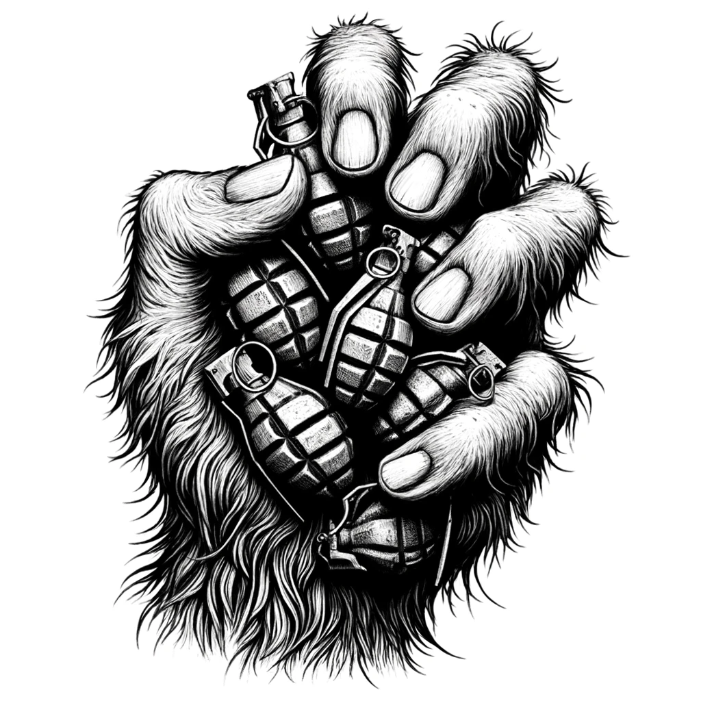 Artist: dolly aimage prompt by HM Date: 2024 License: CC BY-SA 4.0 A hairy hand holding a handful of hand grenades.