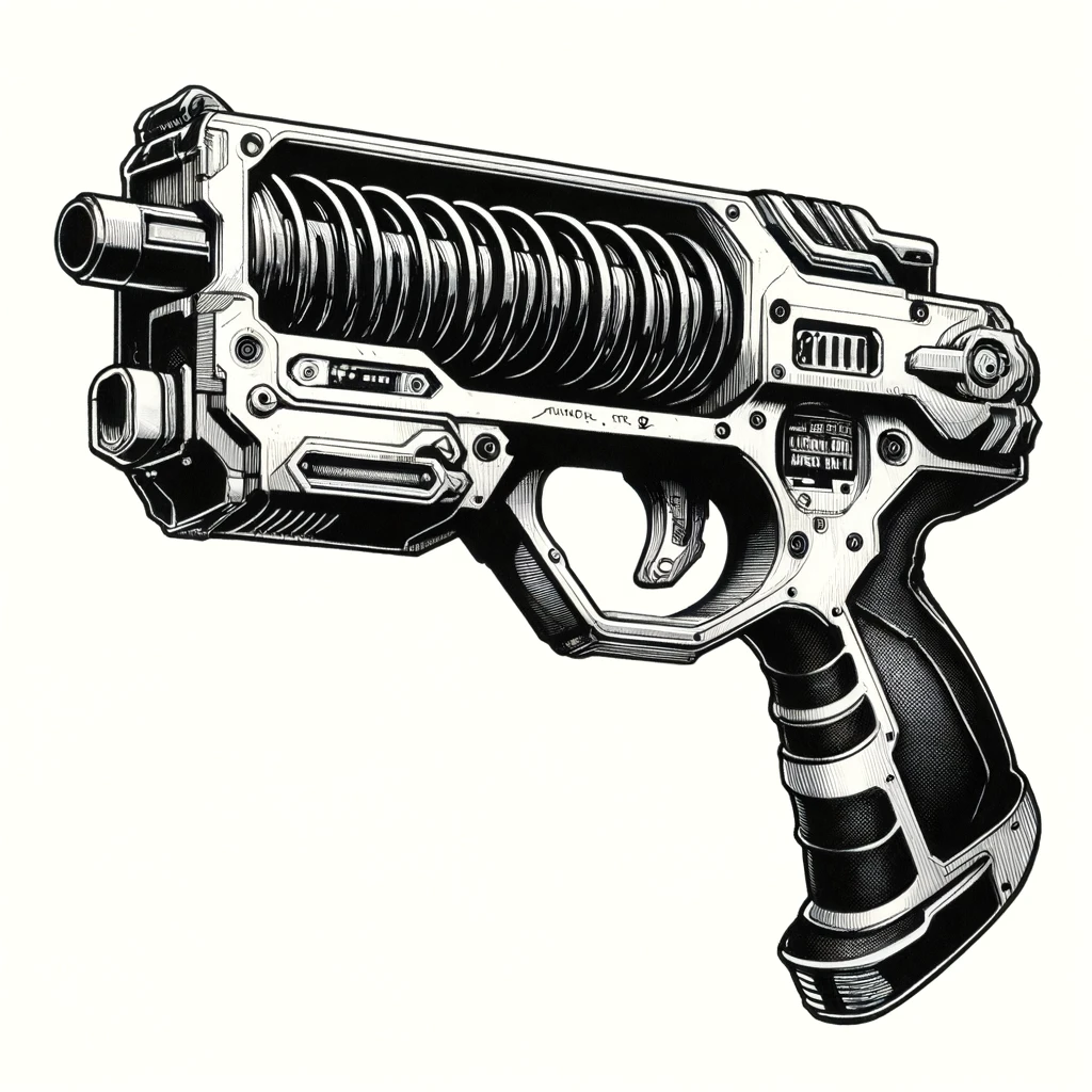 Artist: dolly aimage prompt by HM Date: 2024 License: CC BY-SA 4.0 A pistol with a magnetic coil down the barrel.