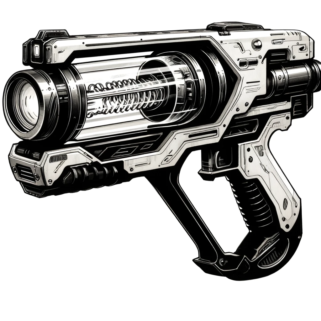 Artist: dolly aimage prompt by HM Date: 2024 License: CC BY-SA 4.0 A futuristic looking rifle with batteries.