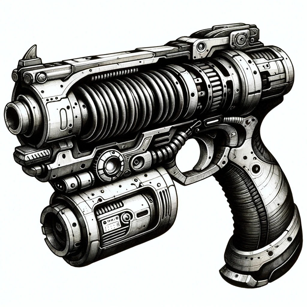 Artist: dolly aimage prompt by HM Date: 2024 License: CC BY-SA 4.0 A plasticky looking pistol.