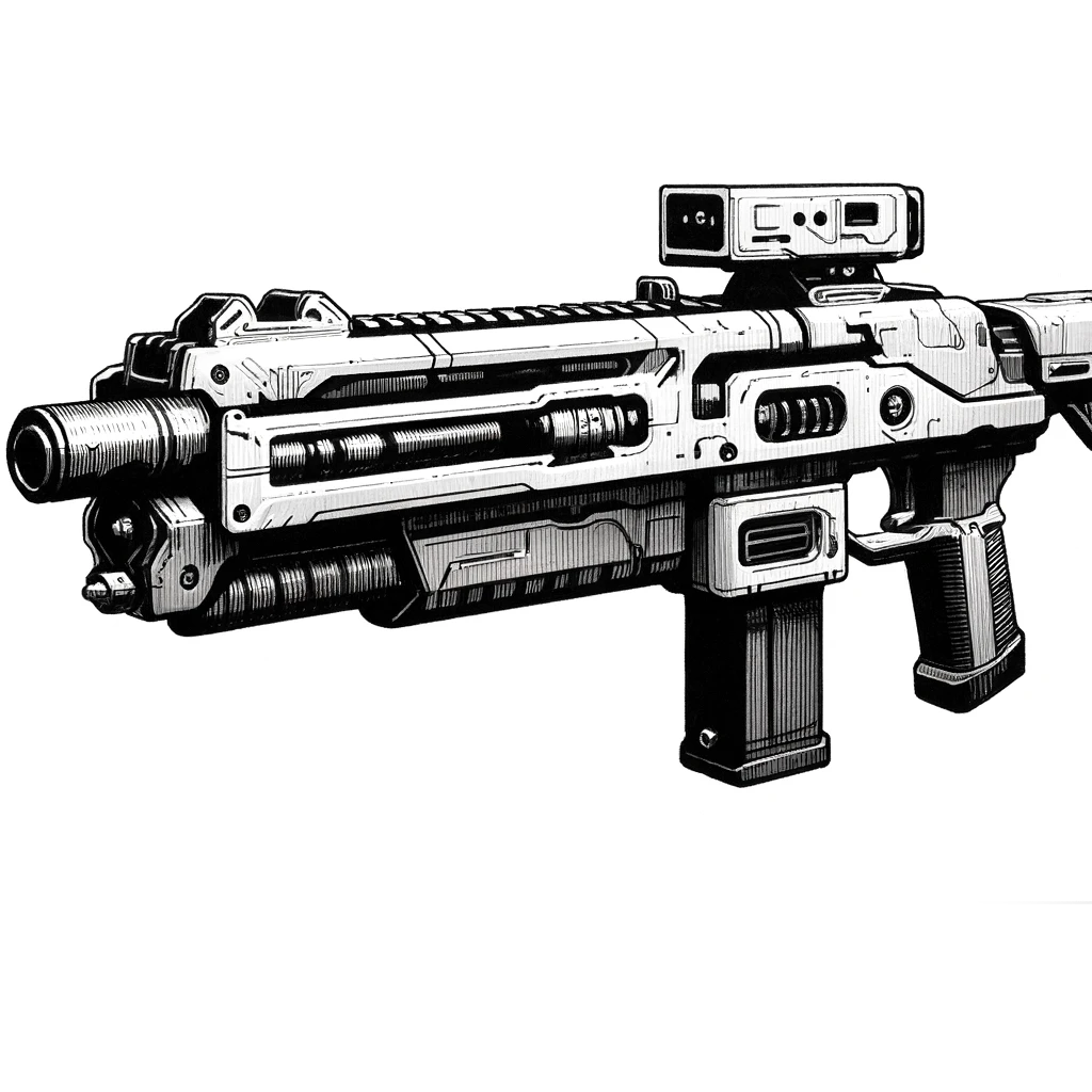 Artist: dolly aimage prompt by HM Date: 2024 License: CC BY-SA 4.0 A futuristic looking rifle.